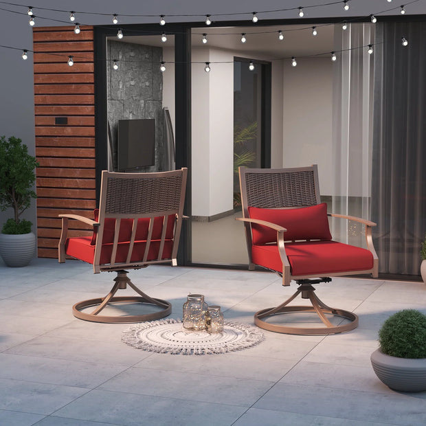 Swivel Chairs Set of 2, Outdoor Dining Chairs with Deep Seat Cushion, All Weather Swivel Rocker Chairs with Hand-Painted Metal Frame, for Backyard Deck Lawn Red
