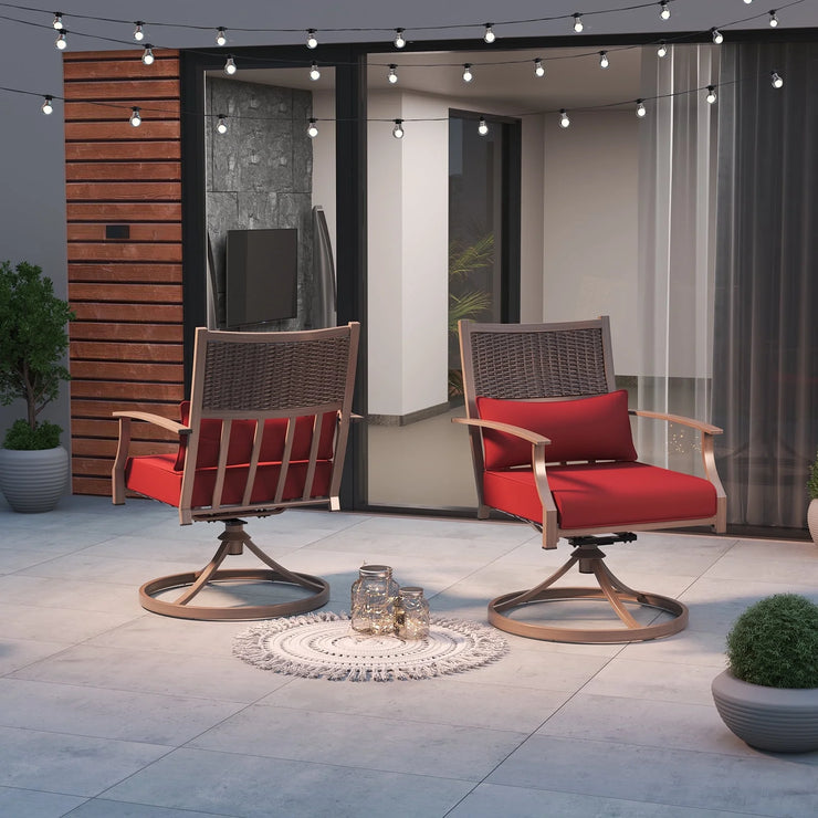 Swivel Chairs Set of 2, Outdoor Dining Chairs with Deep Seat Cushion, All Weather Swivel Rocker Chairs with Hand-Painted Metal Frame, for Backyard Deck Lawn Red