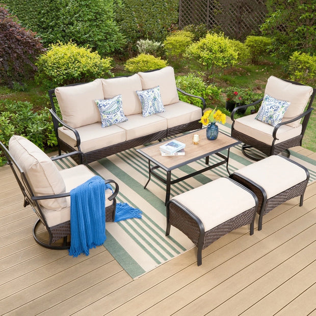 Vastcarterllc 6-Piece Outdoor Patio Furniture Set with 3-Seat Sofa, Swivel Chairs & Ottomans, 7-Person Outdoor Conversation Set with Cushions, Black & Beige