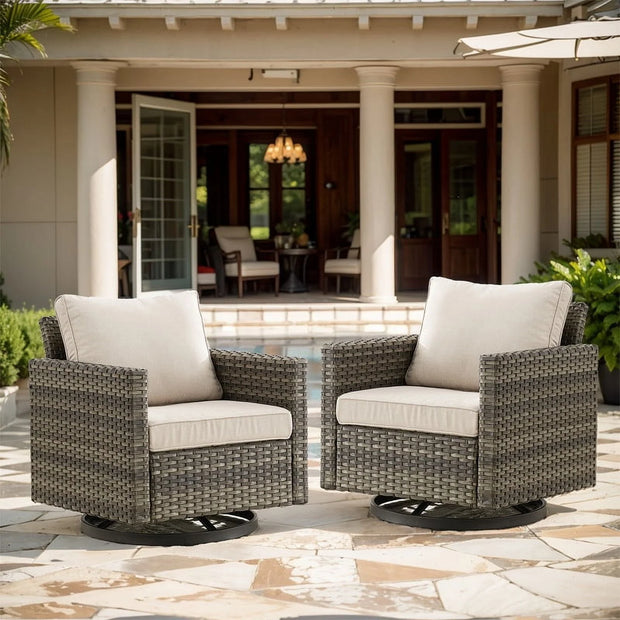 Outdoor Rocking Chair Set of 2, All Weather Wicker Patio Furniture Set Outdoor Swivel Chair Sets of 2 with Square Arm for Garden Porch Pool, Gray/Beige