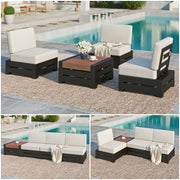 4-Piece Patio Conversation Set, Outdoor Sectional Sofa, Armless Seating Group with Thick Cushions & Wood-grained Table