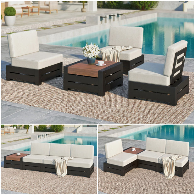 4-Piece Patio Conversation Set, Outdoor Sectional Sofa, Armless Seating Group with Thick Cushions & Wood-grained Table