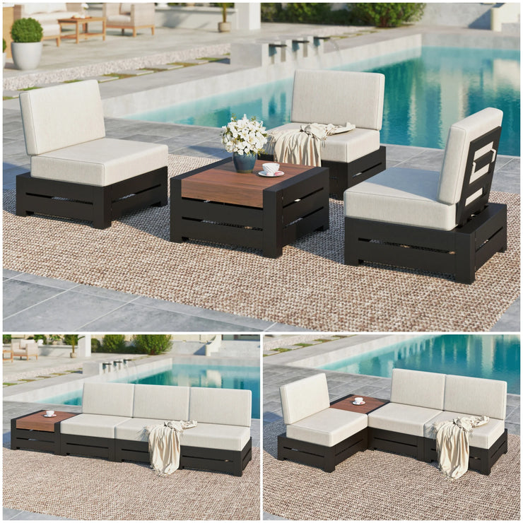 4-Piece Patio Conversation Set, Outdoor Sectional Sofa, Armless Seating Group with Thick Cushions & Wood-grained Table
