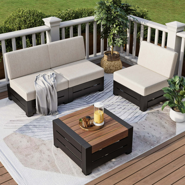 4-Piece Patio Conversation Set, Outdoor Sectional Sofa, Armless Seating Group with Thick Cushions & Wood-grained Table