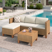 3-Piece Patio Furniture Conversation Set, All-Weather Wicker Outdoor Sectional Sofa Set with Table & Cushions, Beige