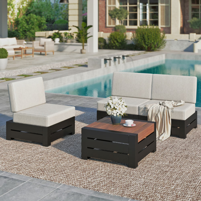 4-Piece Patio Conversation Set, Outdoor Sectional Sofa, Armless Seating Group with Thick Cushions & Wood-grained Table