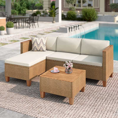 3-Piece Patio Furniture Conversation Set, All-Weather Wicker Outdoor Sectional Sofa Set with Table & Cushions, Beige