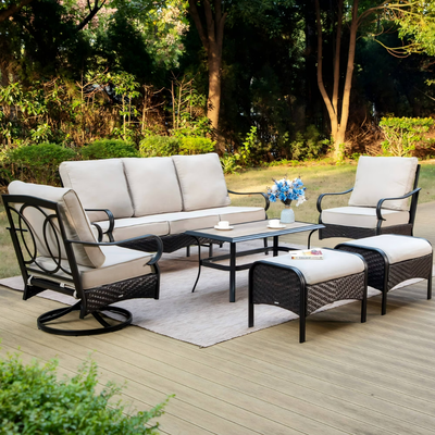Vastcarterllc 6-Piece Outdoor Patio Furniture Set with 3-Seat Sofa, Swivel Chairs & Ottomans, 7-Person Outdoor Conversation Set with Cushions, Black & Beige