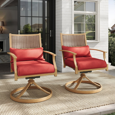 Swivel Chairs Set of 2, Outdoor Dining Chairs with Deep Seat Cushion, All Weather Swivel Rocker Chairs with Hand-Painted Metal Frame, for Backyard Deck Lawn Red